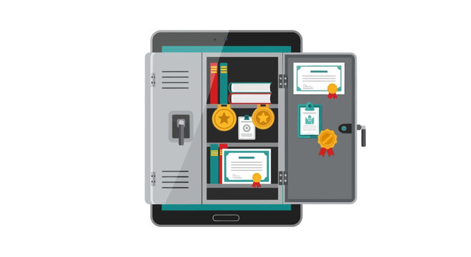 Digital Education Concept with Online School Locker inside Tablet showing Books, Medals and Certificates of Achievement
