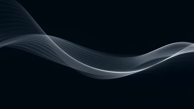 Dark background with semi-transparent white wave lines flowing smoothly across the frame. Layered composition brings together semi-transparent wave lines and flowing motion.