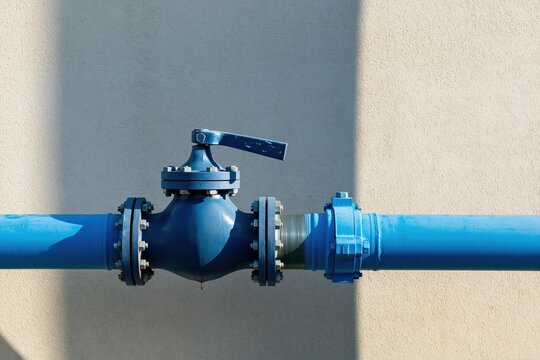 Blue gate valve on a steel pipeline with chipped enamel and weathered textures, mounted on a grey wall for plumbing and utility infrastructure services