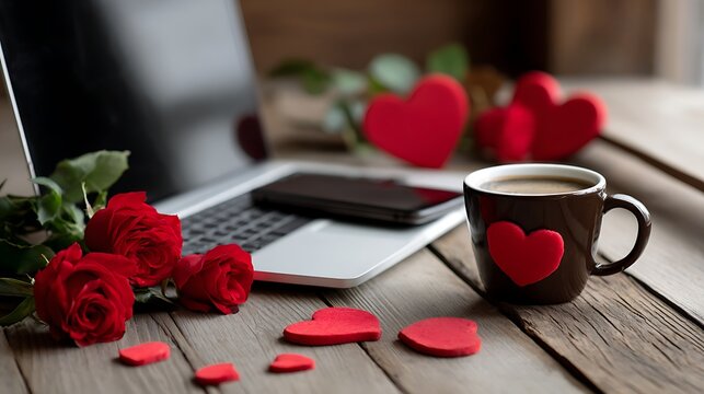 Romantic Coffee and Red Rose on Laptop Keyboard for Valentine&rsquo;s Day, Love, Wedding, Anniversary, Celebration and Cozy Lifestyle Concept