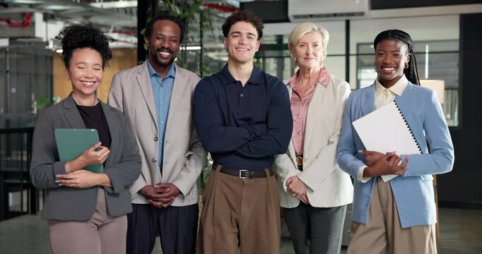 Happy people, face and solidarity with team in office, legal professionals and partnership for case. Lawyers, portrait and collaboration with colleagues, unity and confident with smile in law firm