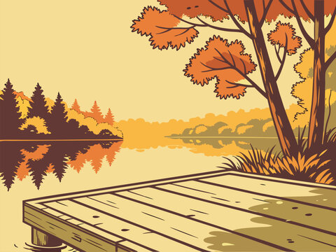 Wooden dock over calm autumn lake with orange foliage trees and forest reflections, retro fall landscape vector illustration