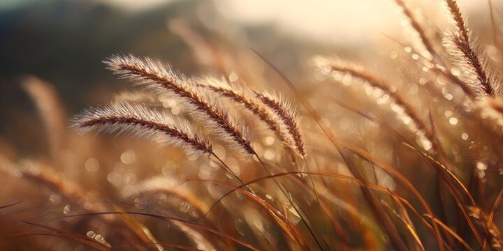 Sunlit Field of Delicate Grass Blades Bathed in Soft Warm Light with Sparkling Bokeh Background for Nature Photography Inspiration