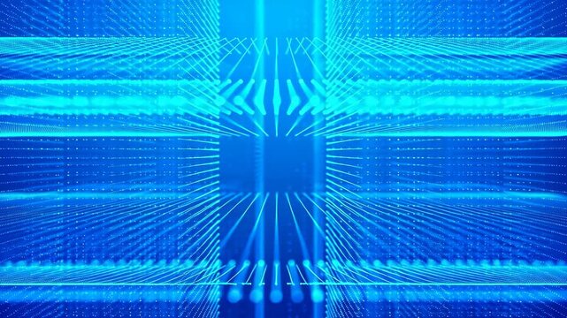 Glowing blue and cyan digital grid lines and dots move inward and outward around a central square void. Animated scene combines lines and dots with glowing light.