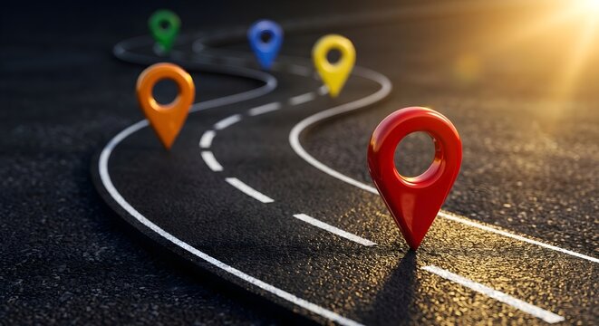 Colorful location pin markers along a winding asphalt road representing journey navigation and strategy