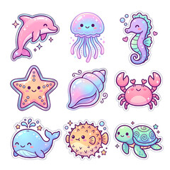 Fototapeta premium Cute Sea Animal Sticker Set, Pastel Ocean Creatures Dolphin Jellyfish Seahorse Starfish Crab Whale Pufferfish Turtle Illustration
