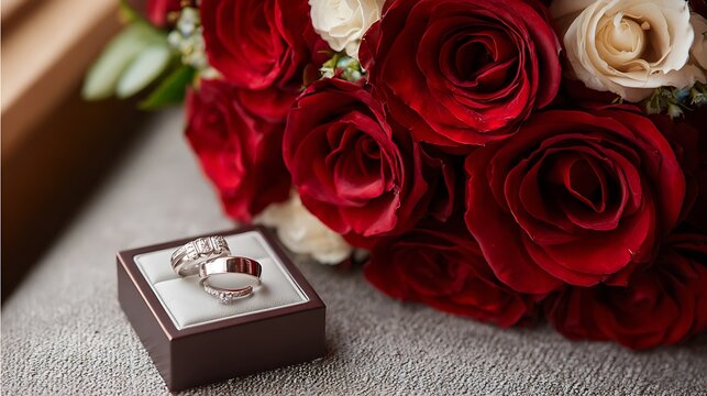 Wedding Rings with Romantic Red and Pink Roses, Elegant Bridal Jewelry, Floral Bouquet, Love, Romance, Anniversary and Valentine&rsquo;s Day Celebration Concept