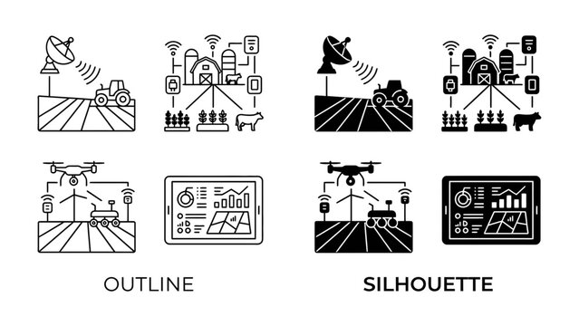 Smart Farming Technology Set: A collection of outline and silhouette icons illustrating smart farming concepts, including drones, tractors, satellite dishes, farm buildings, and data analysis screens.