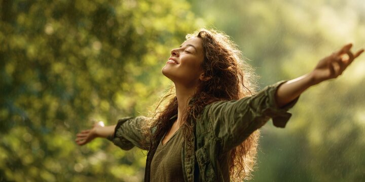 Young Woman Enjoying Nature in a Lush Green Forest with Her Arms Outstretched Embracing the Beauty of the Outdoors and Fresh Air