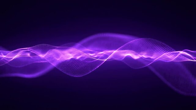 Purple glowing waveforms flow and oscillate horizontally on a dark background. Abstract background features flowing wave lines with rhythmic movement.