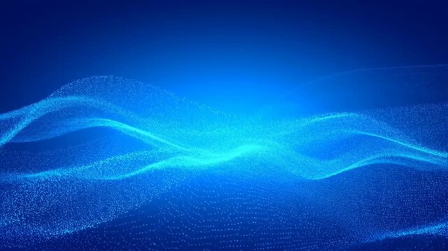 Blue glowing particle waves flow and undulate across a dark gradient background. Layered composition brings together particle waves and flowing motion.