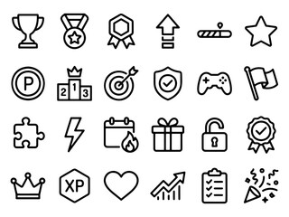 Fototapeta premium Gamification and achievement line icon set featuring trophies medals levels badges stars victory elements, pictogram