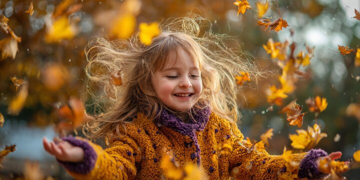Joyful Child Playing in Autumn Leaves with Bright Colors and Natural Light, Capturing the Essence of Childhood Happiness in Nature