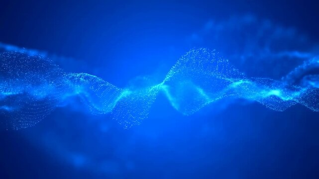 Blue glowing particle waves flow and pulse across a dark background. Animated background combines particle waves with energy flow and data stream.