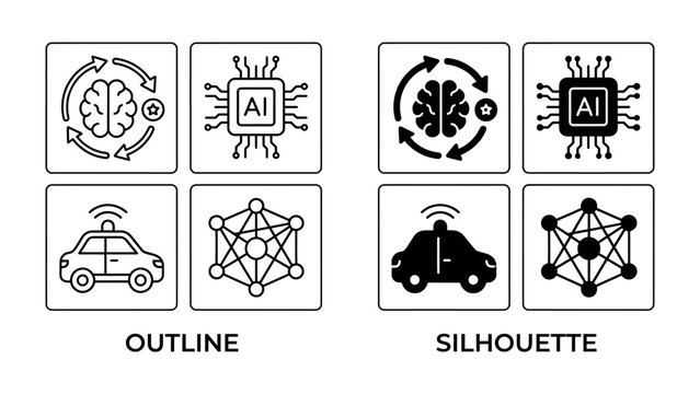 Artificial Intelligence Icons: A set of graphic icons illustrating artificial intelligence, featuring brains, microchips labeled AI, self-driving cars, and neural network structures.