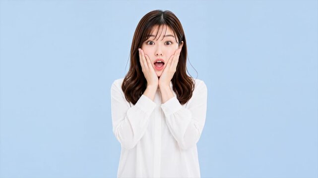 Surreal Double Face Shocked Woman Reaction on Blue Background