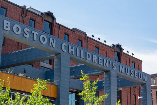 Boston, MA, US-July 11, 2026: Front entrance to the Boston Children's Museum on Fort Point Channel in South Boston.