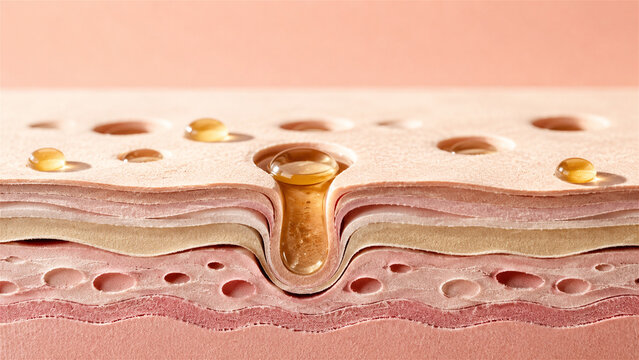 cross section of skin showing a pore, oil buildup, and layered tissue structure. Dermatology concept illustrating sebum production, clogged pore, skincare, and acne prevention