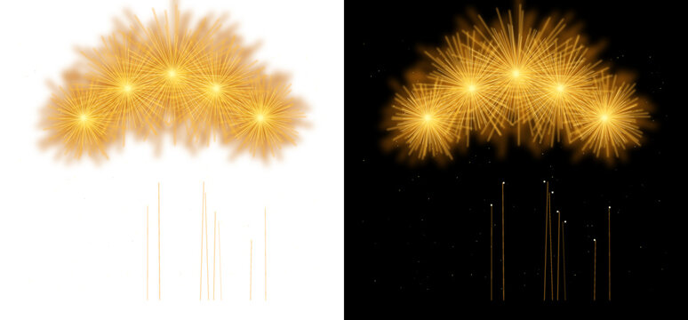 Festive golden firework explosion display with glowing sparks and vertical light trails on a clean white and dark background isolated on a transparent background