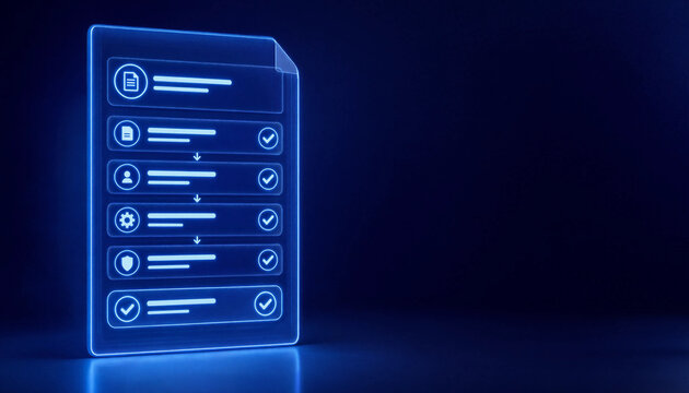 Digital glowing checklist hologram showing workflow steps and successful task completion