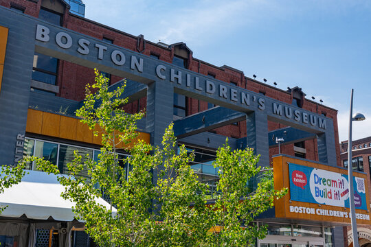 Boston, MA, US-July 11, 2026: Front entrance to the Boston Children's Museum on Fort Point Channel in South Boston.
