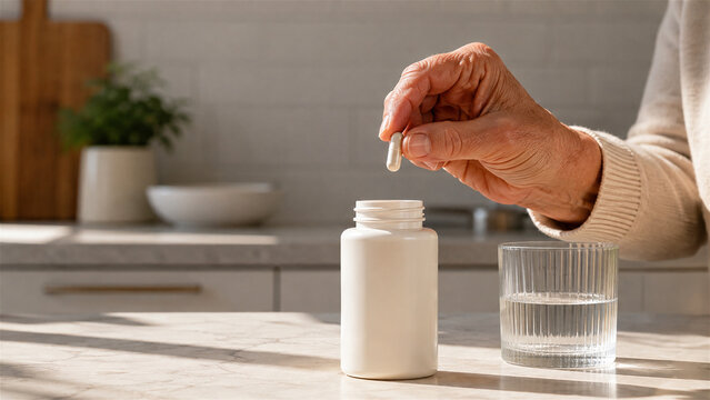 senior woman holding a capsule above an open medicine bottle beside a glass of water at home. Daily medication, healthcare, aging and wellness concept with copy space