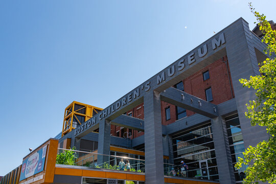 Boston, MA, US-July 11, 2026: Front entrance to the Boston Children's Museum on Fort Point Channel in South Boston.