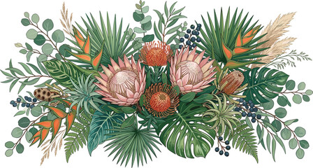 Fototapeta premium Pink protea king flowers orange heliconia and green tropical leaves
