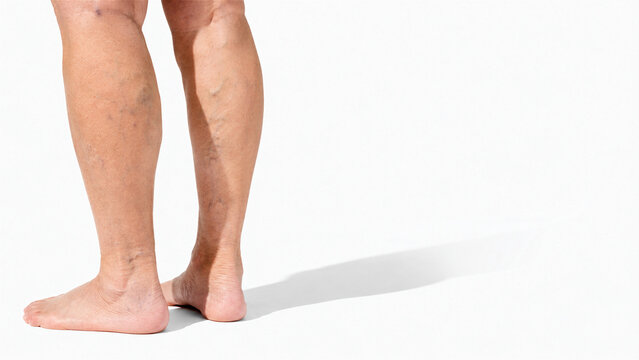 close up of adult legs with visible varicose veins and bruising on white background. Vascular health, circulation problem, medical diagnosis and healthcare concept with copy space