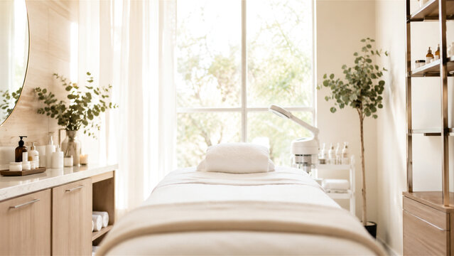 bright modern spa treatment room with massage bed, folded towels, skincare products, plants, and large windows. Wellness, relaxation, beauty care, and professional therapy interior concept