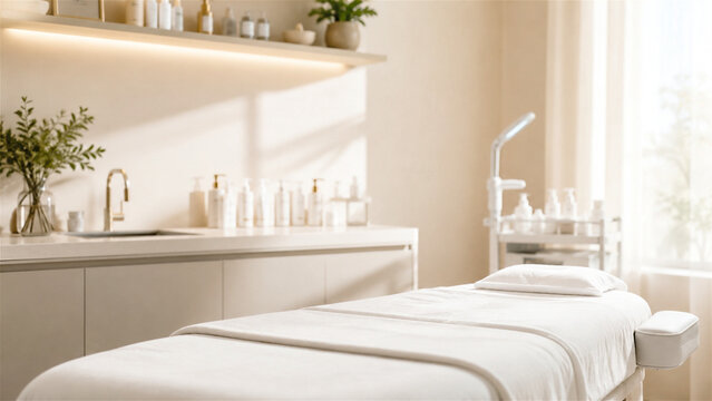 bright modern spa treatment room with massage table, sink, skincare products, natural light, and minimalist wellness interior for beauty care and relaxation