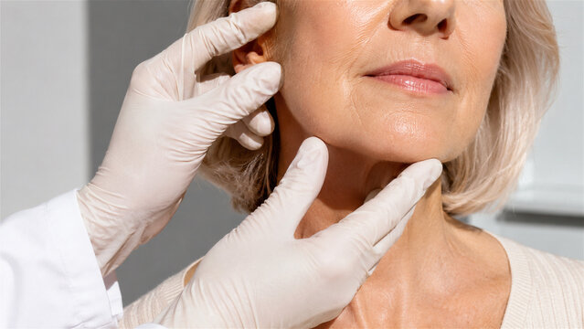 woman receiving facial skin examination by cosmetic professional. Closeup consultation for wrinkle assessment, skincare treatment, antiaging medicine, and aesthetic healthcare