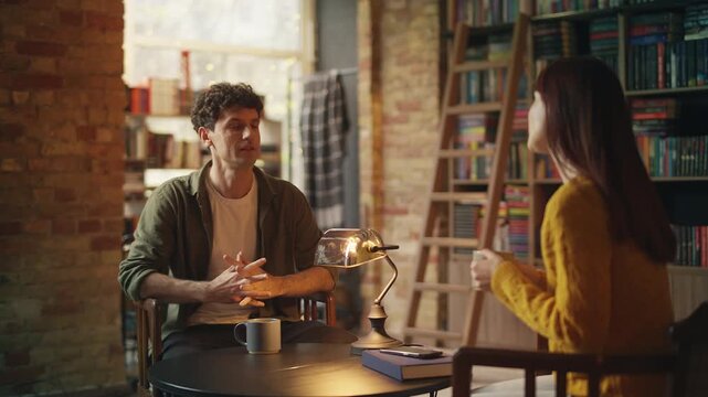Young man listens to female friend while drinking tea together in bookshop cafe
