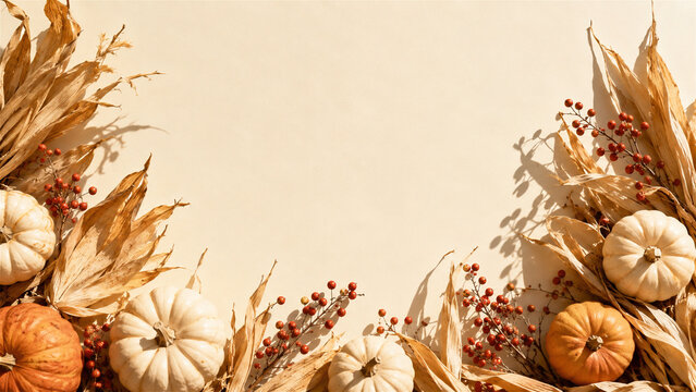 autumn harvest border with pumpkins, dried corn leaves, and red berries framing a warm blank center. Seasonal rustic background with copy space for Thanksgiving greeting card design