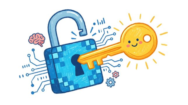 Digital Security Concept with Key, Lock, Sun, and Circuitry Elements
