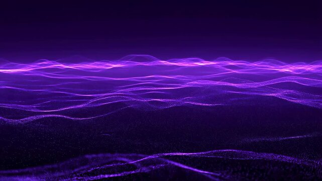 Glowing purple particle waves flow and undulate over a dark background. Abstract backdrop shaped by flowing motion, energy flow and digital waves.