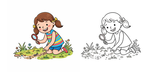 Cartoon Girl Examining Ant with Magnifying Glass: Nature Exploration Illustration for Kids
