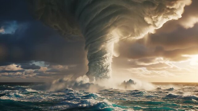 Massive Waterspout Forms Over Turbulent Ocean Under Dramatic Stormy Sky.