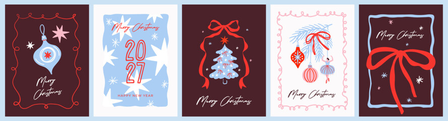 Naklejka premium Cozy Doodle Christmas Cards with Holiday Ornaments and Festive Illustrations, Christmas tree, ribbons, bows, pine branches and typography for greeting cards, branding, packaging, social media, print.