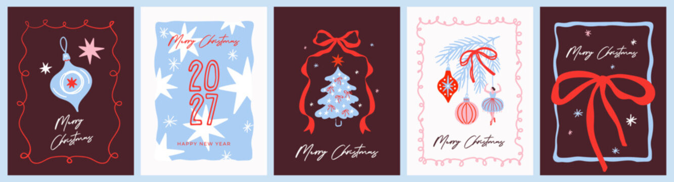 Cozy Doodle Christmas Cards with Holiday Ornaments and Festive Illustrations, Christmas tree, ribbons, bows, pine branches and typography for greeting cards, branding, packaging, social media, print.