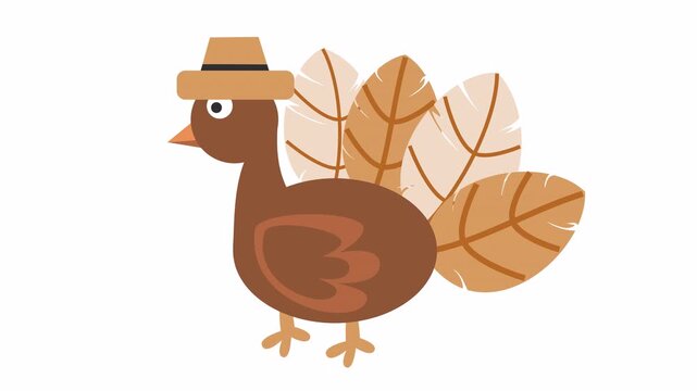 Side view Thanksgiving turkey bird cartoon character animation wearing a brown hat icon isolated on an alpha channel for autumn holiday symbol.