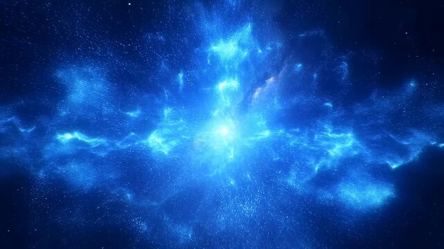 Bright blue light burst expands and pulses with glowing particles dispersing in a dark abstract space. Smooth animated scene for visual effects and abstract digital art.