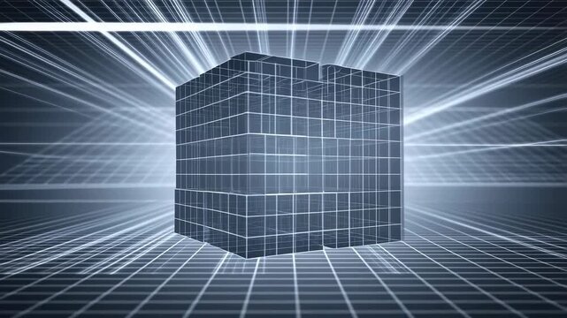 Wireframe cubes assemble and rotate within a glowing 3D grid space. Smooth animated scene for technology presentations and digital design backgrounds.