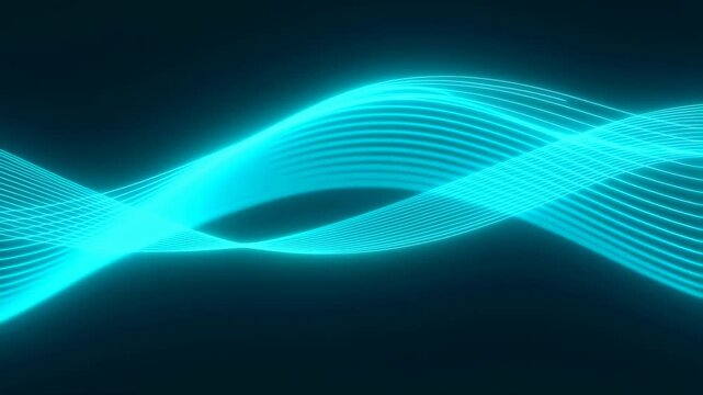 Glowing cyan wave lines flow and undulate smoothly over a dark digital display background. Animated background combines glowing wave lines with fluidity and energy.
