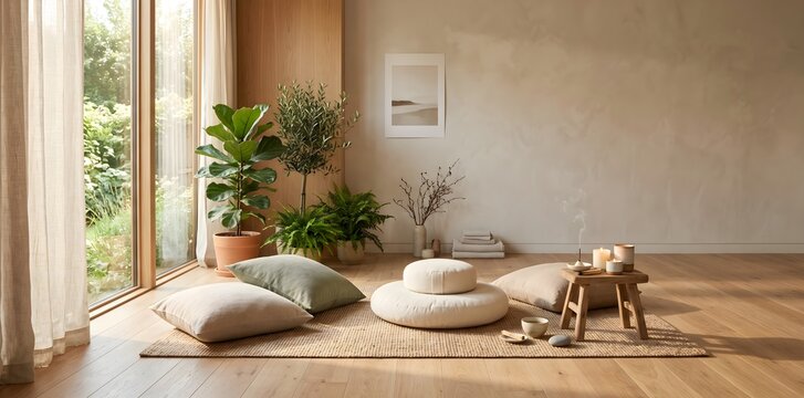Mindful meditation and yoga room with cushions, zafu pillow, candles, incense, and potted plants by bright sunny window with copy space