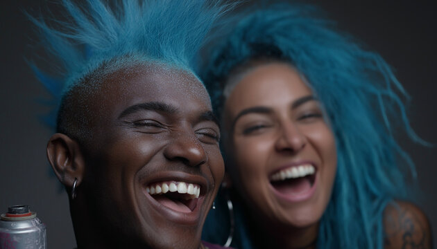 Young man with blue mohawk smiles widely in studio during colorful hair event with friend