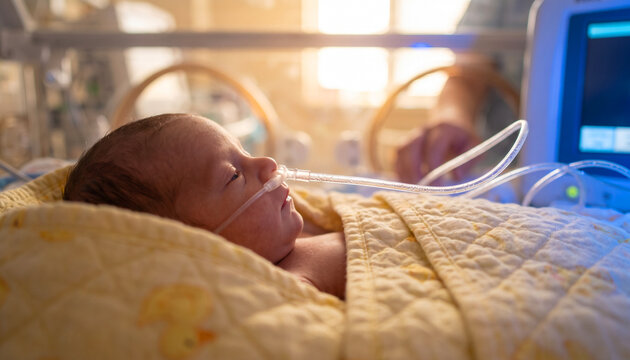 Pediatric high frequency ventilator in use for neonatal respiratory care in a hospital setting