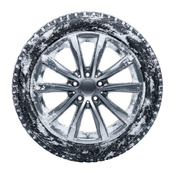 Winter tire with alloy wheel covered in snow isolated on transparent background