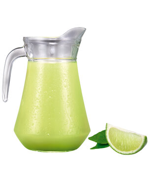 Pitcher of chilled fresh lime juice with a fruit slice, isolated on a transparent background - jarra de suco de lim&atilde;o refrescante