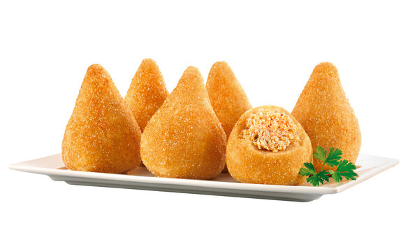 Crispy, perfectly fried chicken *coxinha* with exposed shredded chicken filling, served on a white plate isolated against a transparent background - Coxinha de Frango